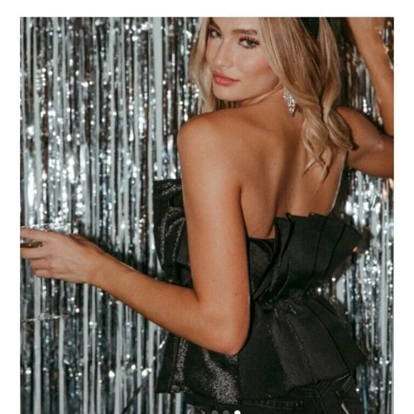 Anna Grace black pleated metallic strapless dress top size small ruffle bodice - Picture 2 of 9